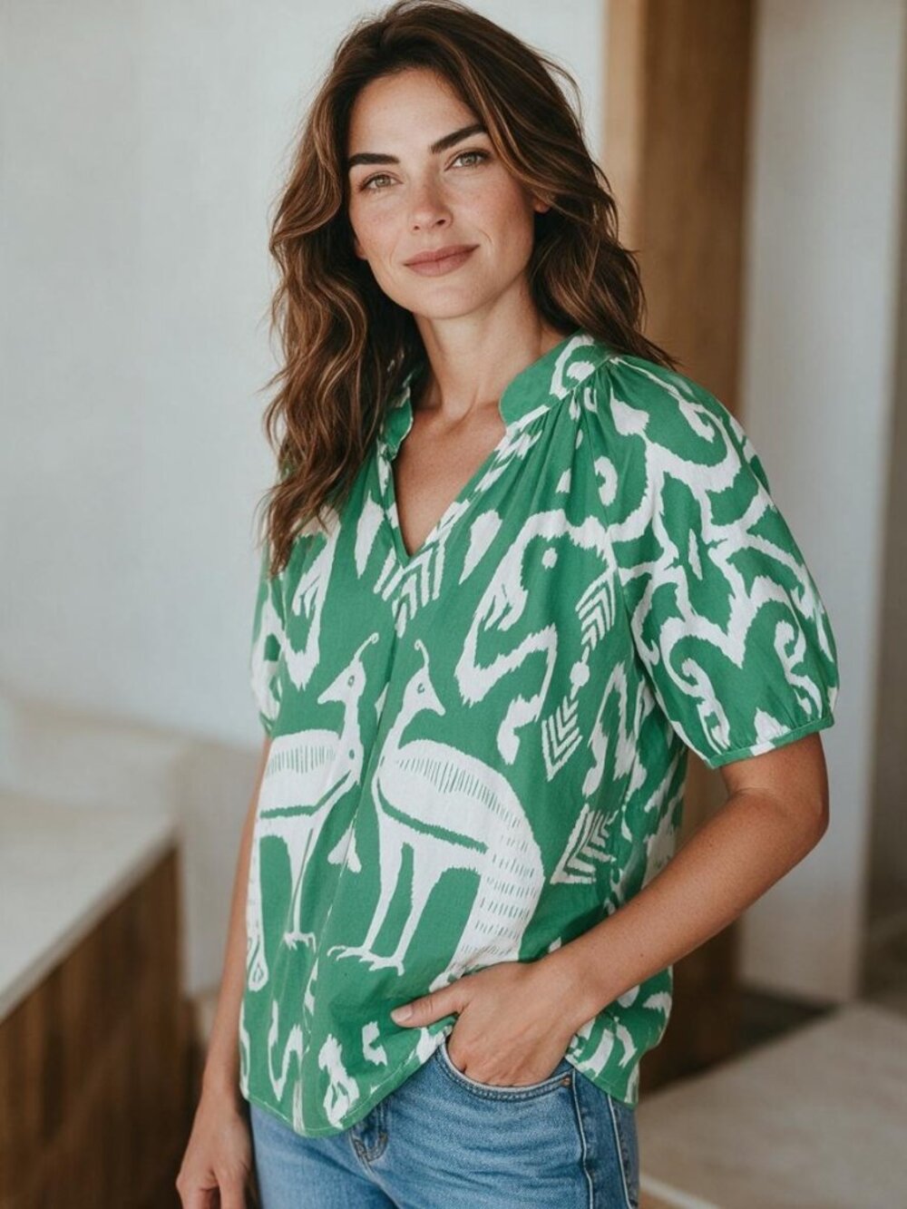 Sheridan French Green Peacock Ikat Print Cotton Puff Sleeve Popover Blouse sz M